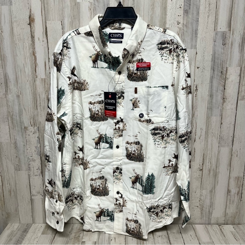Chaps Flannel Mens Shirt Xl Ivory Button Down Long Sleeve Hunting Dog Outdoor